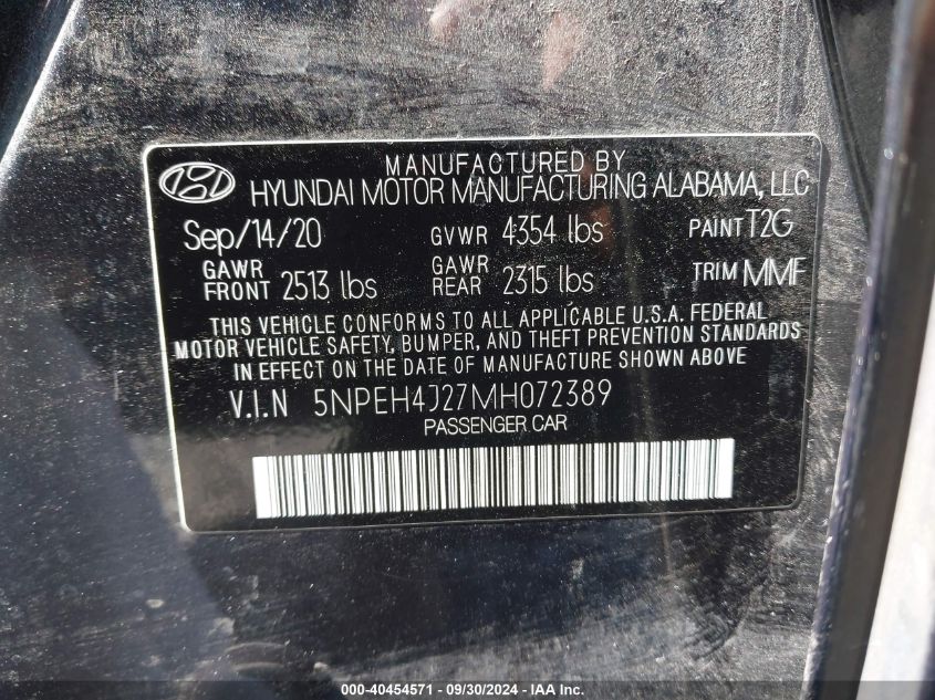 5NPEH4J27MH072389 2021 Hyundai Sonata Limited