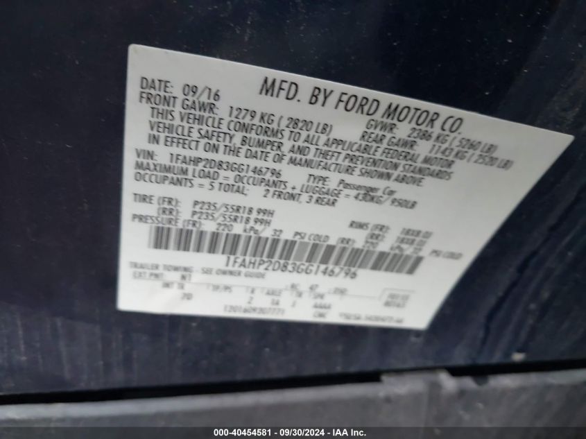 1FAHP2D83GG146796 2016 Ford Taurus Se