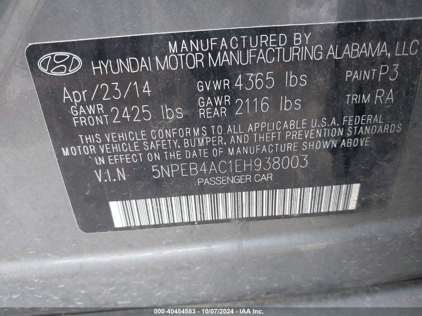 5NPEB4AC1EH938003 2014 Hyundai Sonata Gls