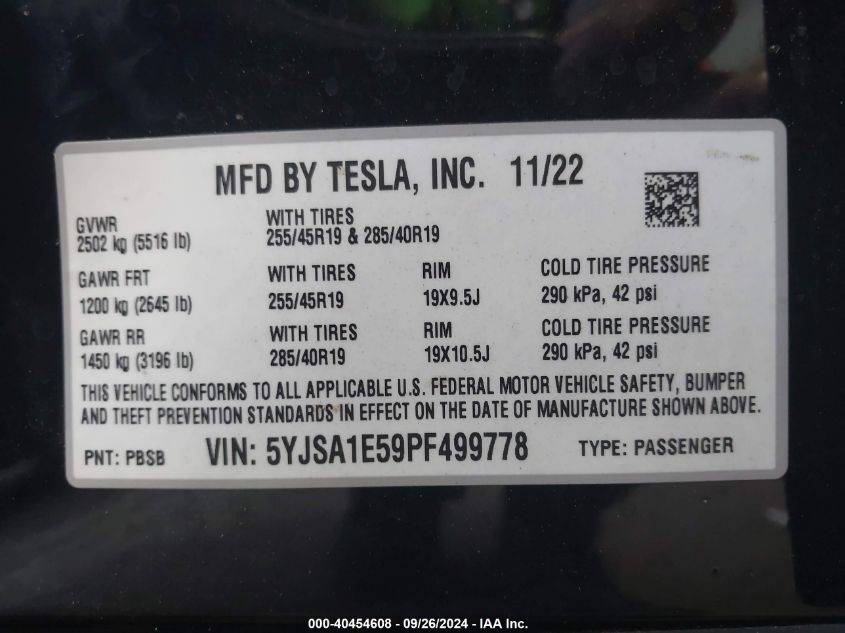 2023 Tesla Model S Dual Motor All-Wheel Drive/Standard Range VIN: 5YJSA1E59PF499778 Lot: 40454608