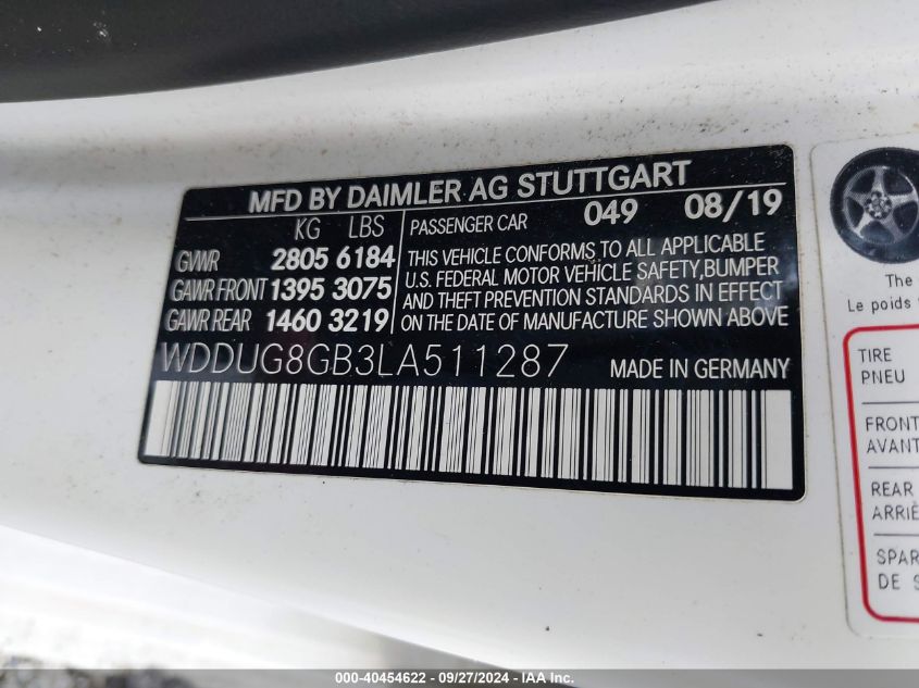 2020 Mercedes-Benz S 560 4Matic VIN: WDDUG8GB3LA511287 Lot: 40454622