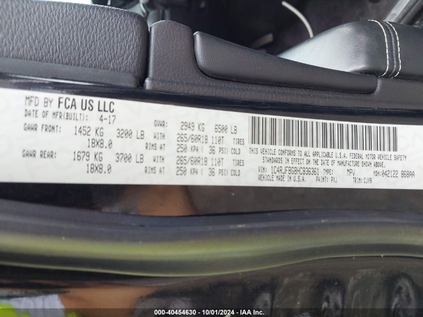 VIN 1C4RJFBG8HC836361 2017 JEEP GRAND CHEROKEE LIMITED 4X4