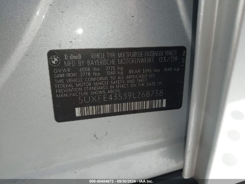 5UXFE43539L268738 2009 BMW X5 xDrive30I