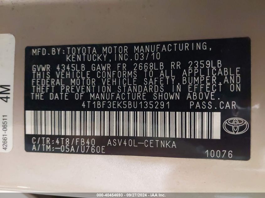 4T1BF3EK5BU135291 2011 Toyota Camry Le