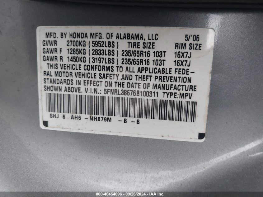 2006 Honda Odyssey Ex-L VIN: 5FNRL38676B100311 Lot: 40454696