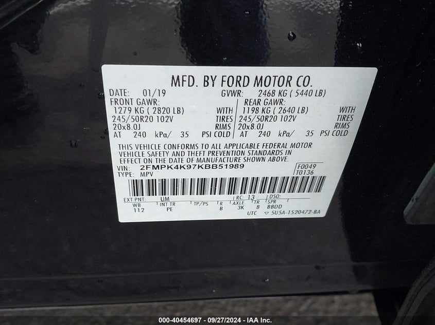VIN 2FMPK4K97KBB51989 2019 FORD EDGE TITANIUM