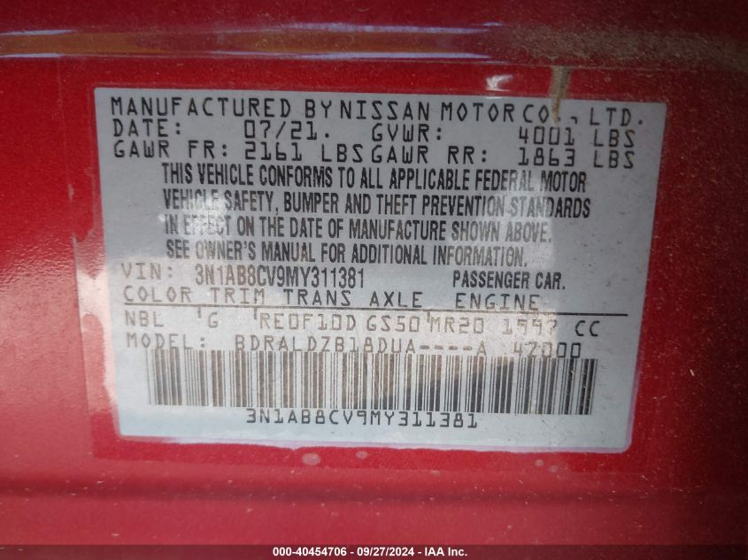 2021 Nissan Sentra Sv Xtronic Cvt VIN: 3N1AB8CV9MY311381 Lot: 40454706