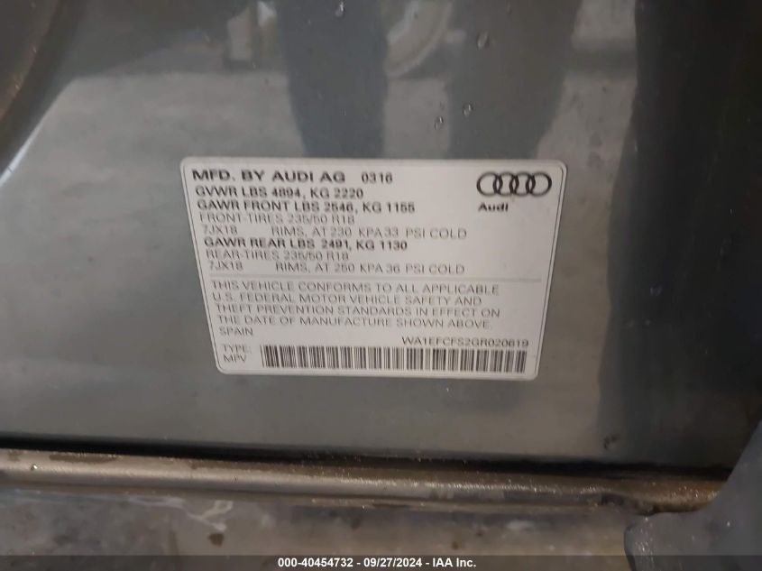 WA1EFCFS2GR020619 2016 Audi Q3 2.0T Premium Plus