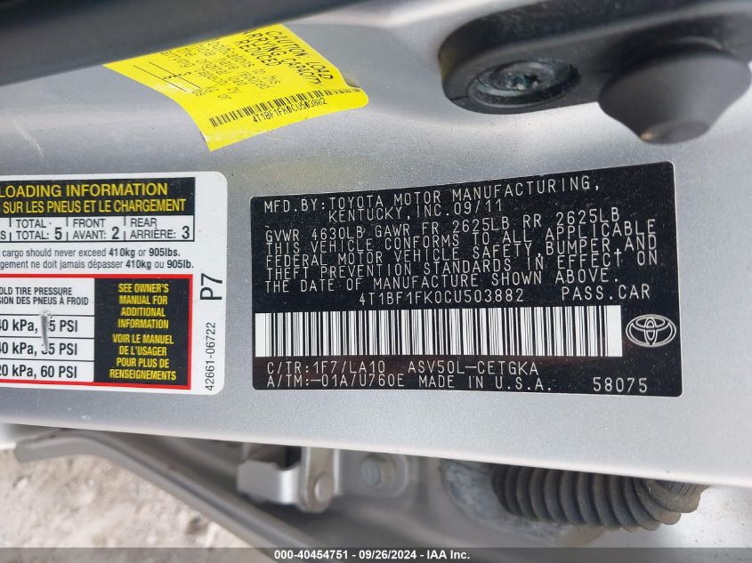 4T1BF1FK0CU503882 2012 Toyota Camry Xle