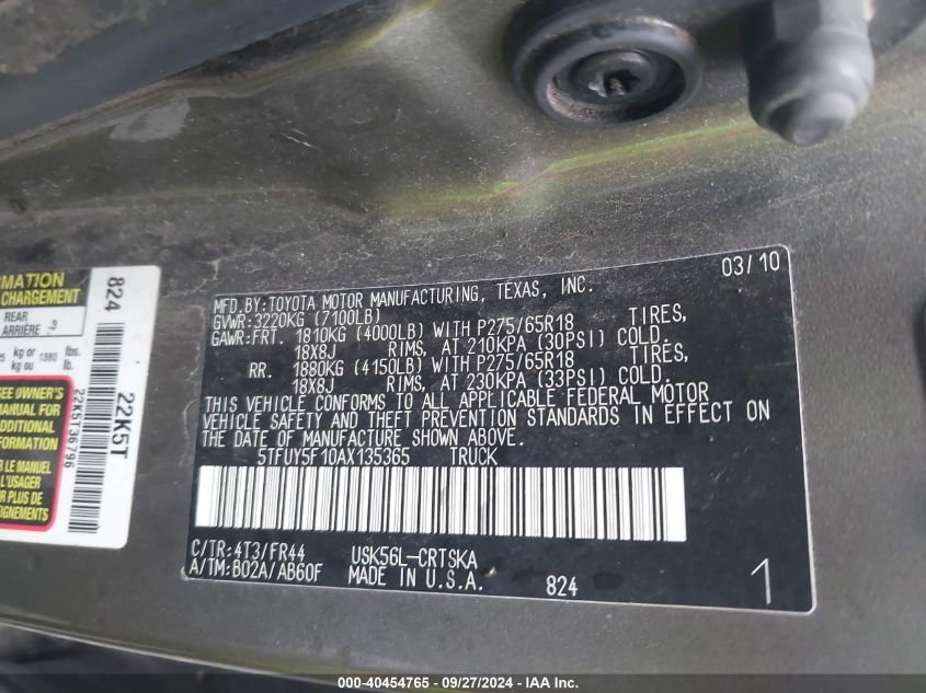 2010 Toyota Tundra Grade 5.7L V8 VIN: 5TFUY5F10AX135365 Lot: 40454765