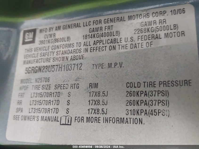 2007 Hummer H2 Suv VIN: 5GRGN23U57H103712 Lot: 40454804