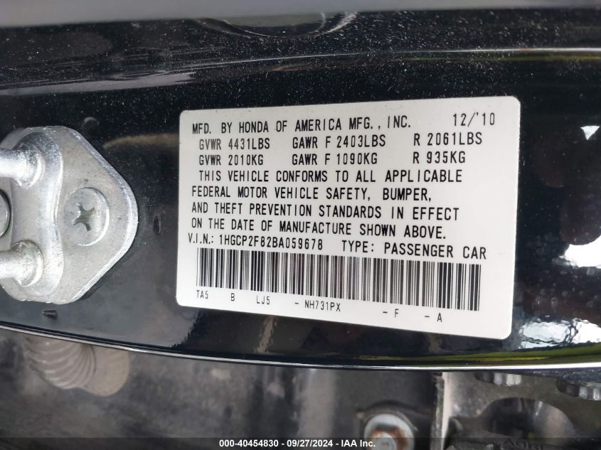 1HGCP2F82BA059678 2011 Honda Accord 2.4 Ex-L