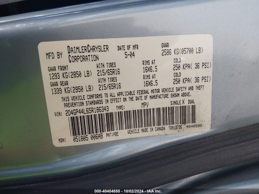 2005 Dodge Grand Caravan Sxt VIN: 2D4GP44L65R186343 Lot: 40454855