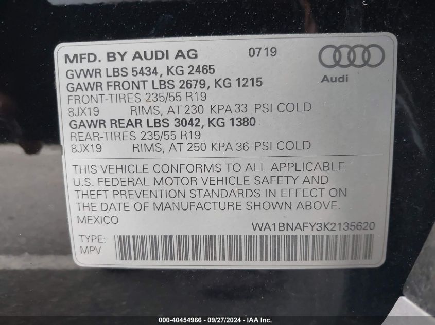 2019 Audi Q5 45 Premium VIN: WA1BNAFY3K2135620 Lot: 40454966