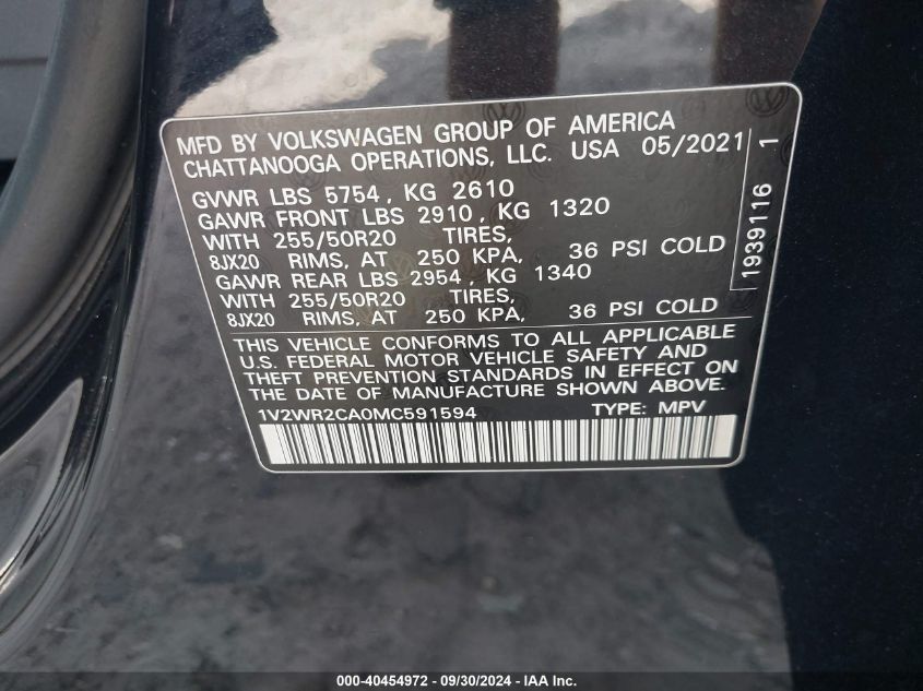 1V2WR2CA0MC591594 2021 Volkswagen Atlas 3.6L V6 Se W/Technology