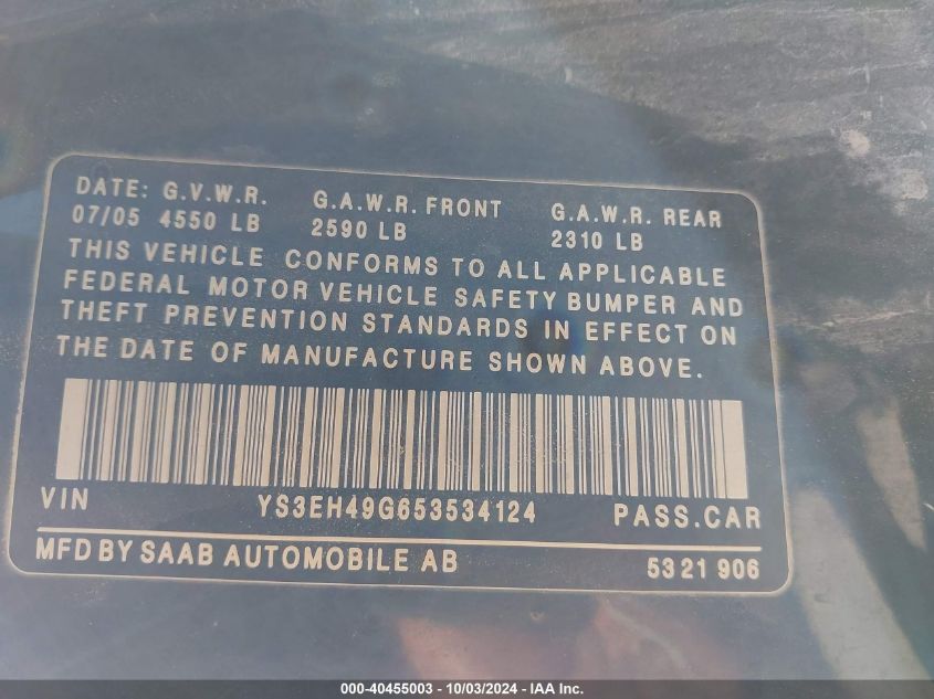 YS3EH49G653534124 2005 Saab 9-5 Aero