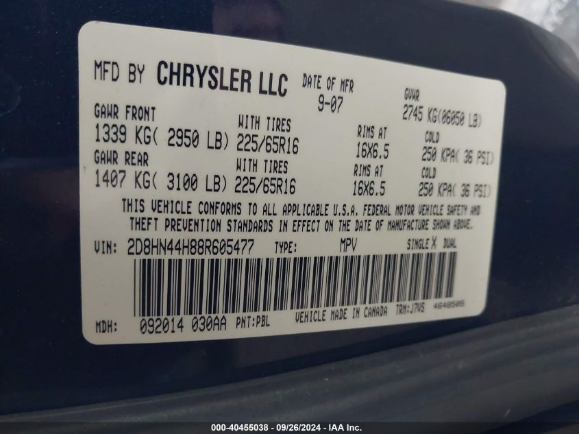 2008 Dodge Grand Caravan Se VIN: 2D8HN44H88R605477 Lot: 40455038