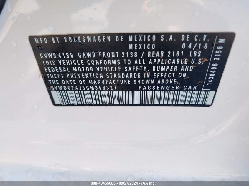 VIN 3VWD67AJ5GM358327 2016 Volkswagen Jetta, 1.4T Se no.9