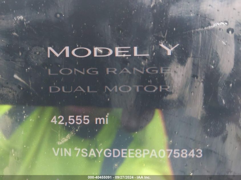 2023 Tesla Model Y Awd/Long Range Dual Motor All-Wheel Drive VIN: 7SAYGDEE8PA075843 Lot: 40455091