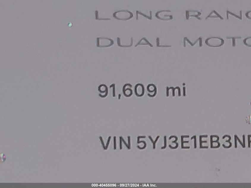 2022 Tesla Model 3 Long Range Dual Motor All-Wheel Drive VIN: 5YJ3E1EB3NF185037 Lot: 40455096