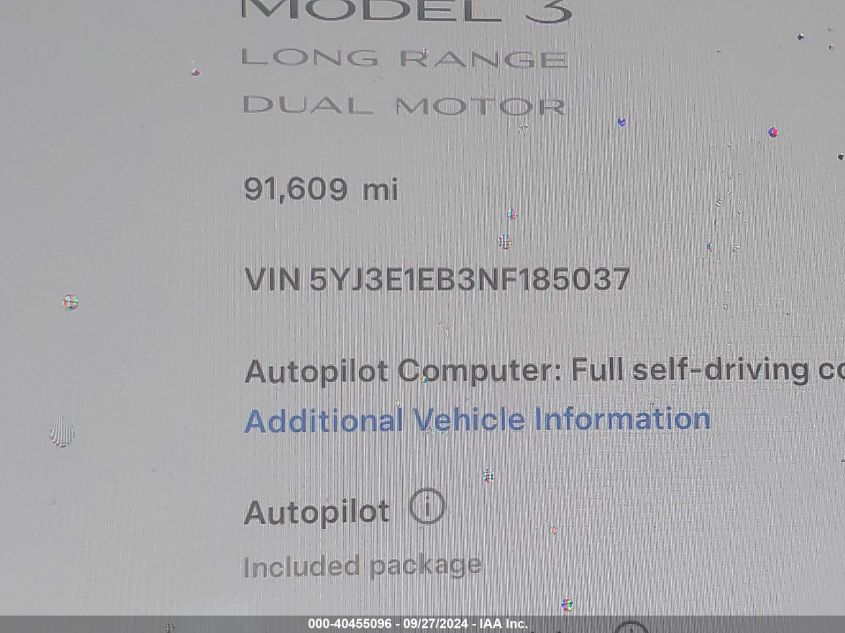 2022 Tesla Model 3 Long Range Dual Motor All-Wheel Drive VIN: 5YJ3E1EB3NF185037 Lot: 40455096