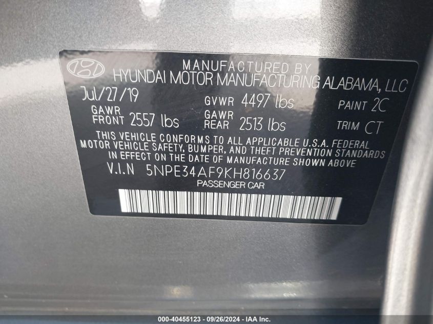 5NPE34AF9KH816637 2019 Hyundai Sonata Sport