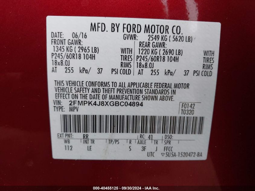 2016 Ford Edge Sel VIN: 2FMPK4J8XGBC04894 Lot: 40455125