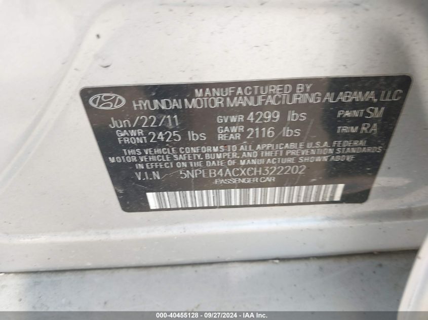 5NPEB4ACXCH322202 2012 Hyundai Sonata Gls