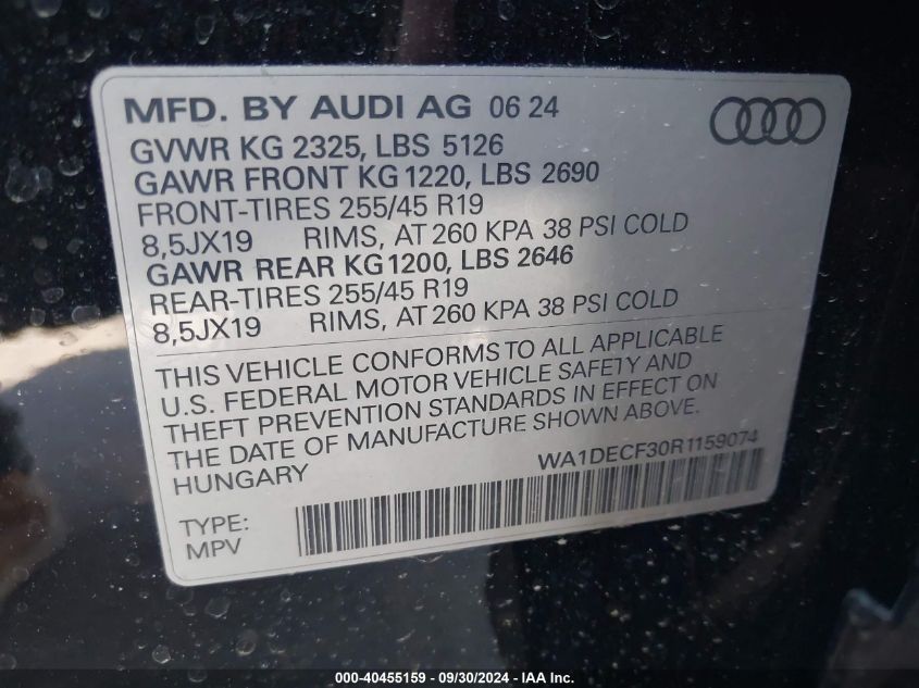 2024 Audi Q3 Premium 45 Tfsi S Line Quattro Tiptronic VIN: WA1DECF30R1159074 Lot: 40455159