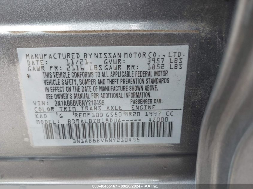 2022 Nissan Sentra S Xtronic Cvt VIN: 3N1AB8BV8NY210495 Lot: 40455167