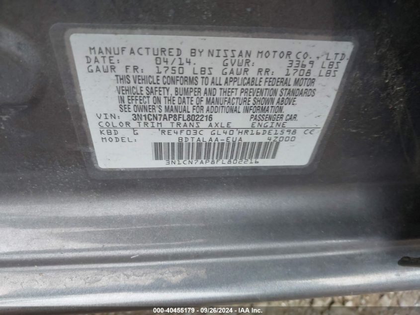 3N1CN7AP8FL802216 2015 Nissan Versa 1.6 S