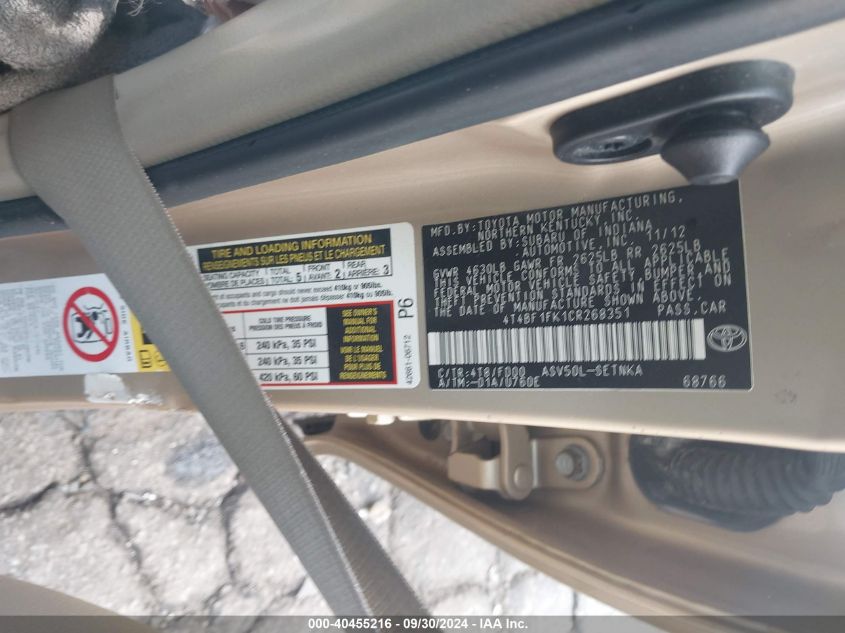 4T4BF1FK1CR268351 2012 Toyota Camry Se/Le/Xle