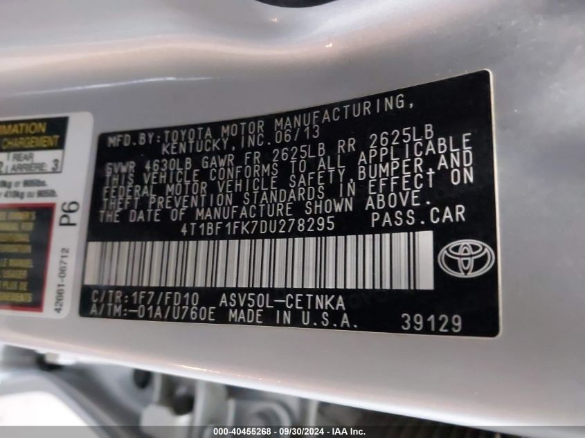 4T1BF1FK1DUZ78295 2013 Toyota Camry L/Le/Se/Xle