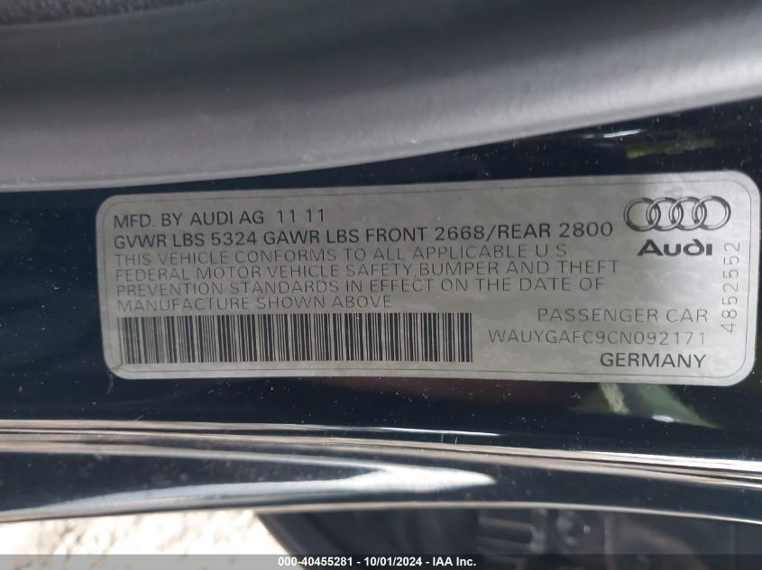 2012 Audi A7 Premium VIN: WAUYGAFC9CN092171 Lot: 40455281