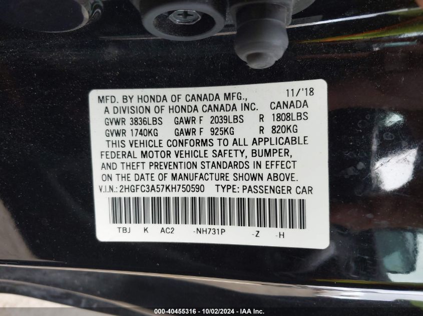 2HGFC3A57KH750590 2019 Honda Civic Si