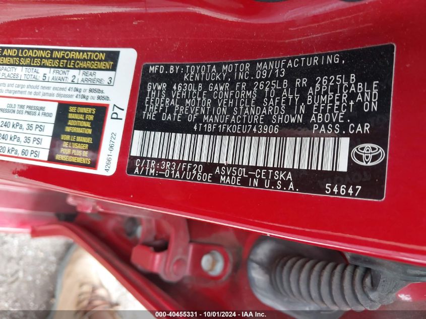 4T1BF1FK0EU743906 2014 Toyota Camry Se