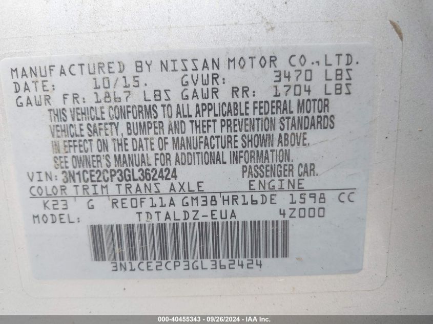 3N1CE2CP3GL362424 2016 Nissan Versa Note S (Sr)/S Plus/Sl/Sr/Sv