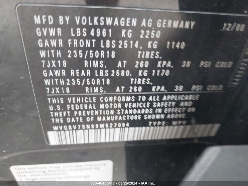 WVGBV75N99W527094 2009 Volkswagen Tiguan Sel