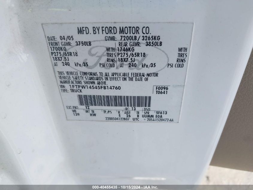 2005 Ford F-150 Fx4/Lariat/Xlt VIN: 1FTPW14545FB14760 Lot: 40455435