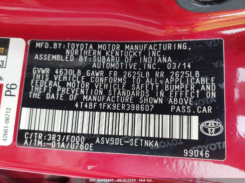 4T4BF1FK9ER398607 2014 Toyota Camry Le