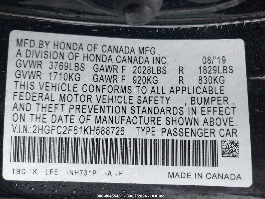 2HGFC2F61KH588726 2019 Honda Civic Lx