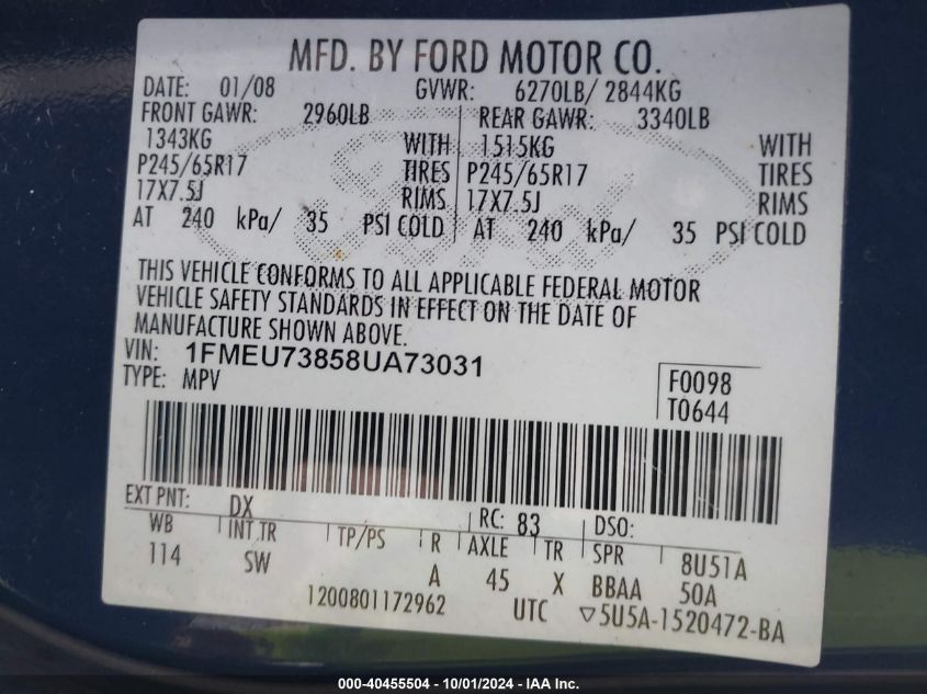 1FMEU73858UA73031 2008 Ford Explorer Xlt