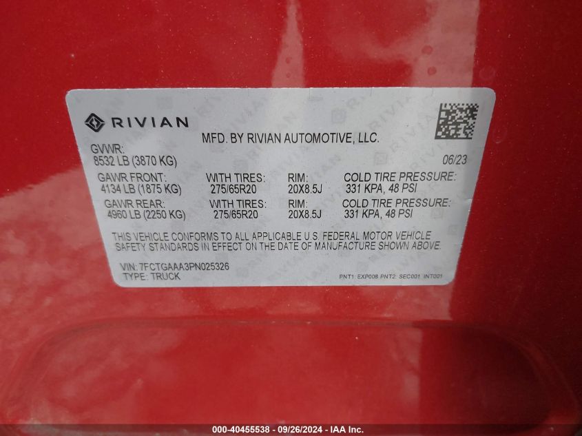 2023 Rivian R1T Adventure Quad Motor Large Pack VIN: 7FCTGAAA3PN025326 Lot: 40455538