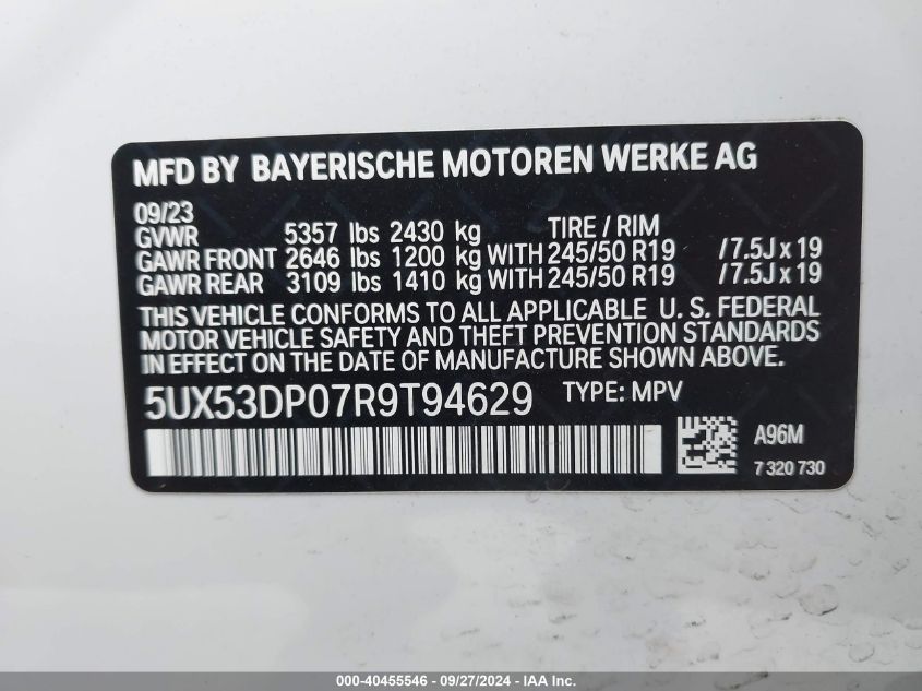 2024 BMW X3 xDrive30I VIN: 5UX53DP07R9T94629 Lot: 40455546