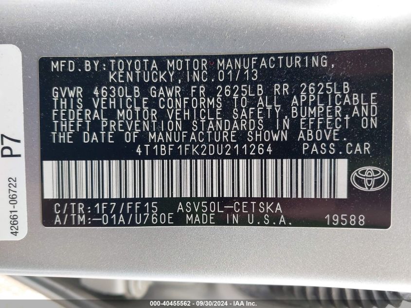 4T1BF1FK2DU211264 2013 Toyota Camry Se