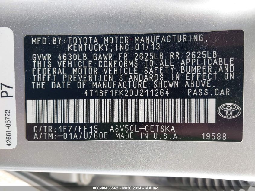 2013 Toyota Camry Se VIN: 4T1BF1FK2DU211264 Lot: 40455562