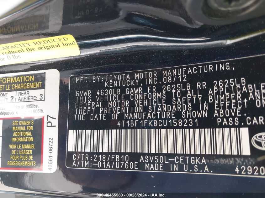 4T1BF1FK8CU158231 2012 Toyota Camry Se/Le/Xle