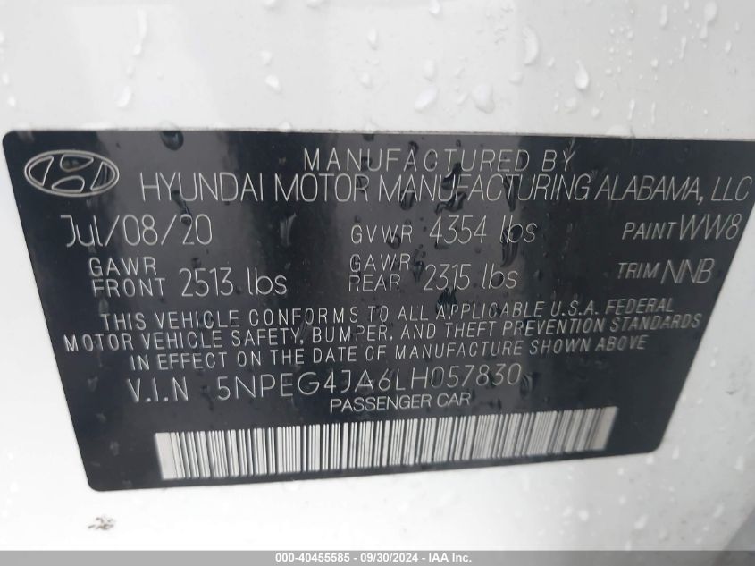 2020 Hyundai Sonata Se VIN: 5NPEG4JA6LH057830 Lot: 40455585