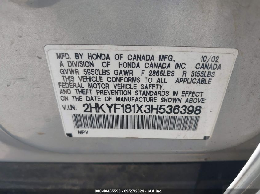 2003 Honda Pilot Lx VIN: 2HKYF181X3H536398 Lot: 40455593