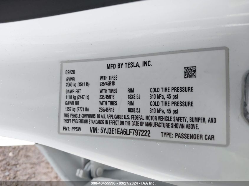 2020 Tesla Model 3 Standard Range Plus Rear-Wheel Drive/Standard Range Rear-Wheel Drive VIN: 5YJ3E1EA6LF797222 Lot: 40455596